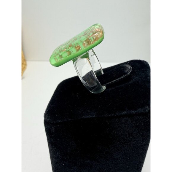 Murano Glass Ring Green Gold Flecks Rectangular Statement Ring Size 8 Pretty - Picture 7 of 10